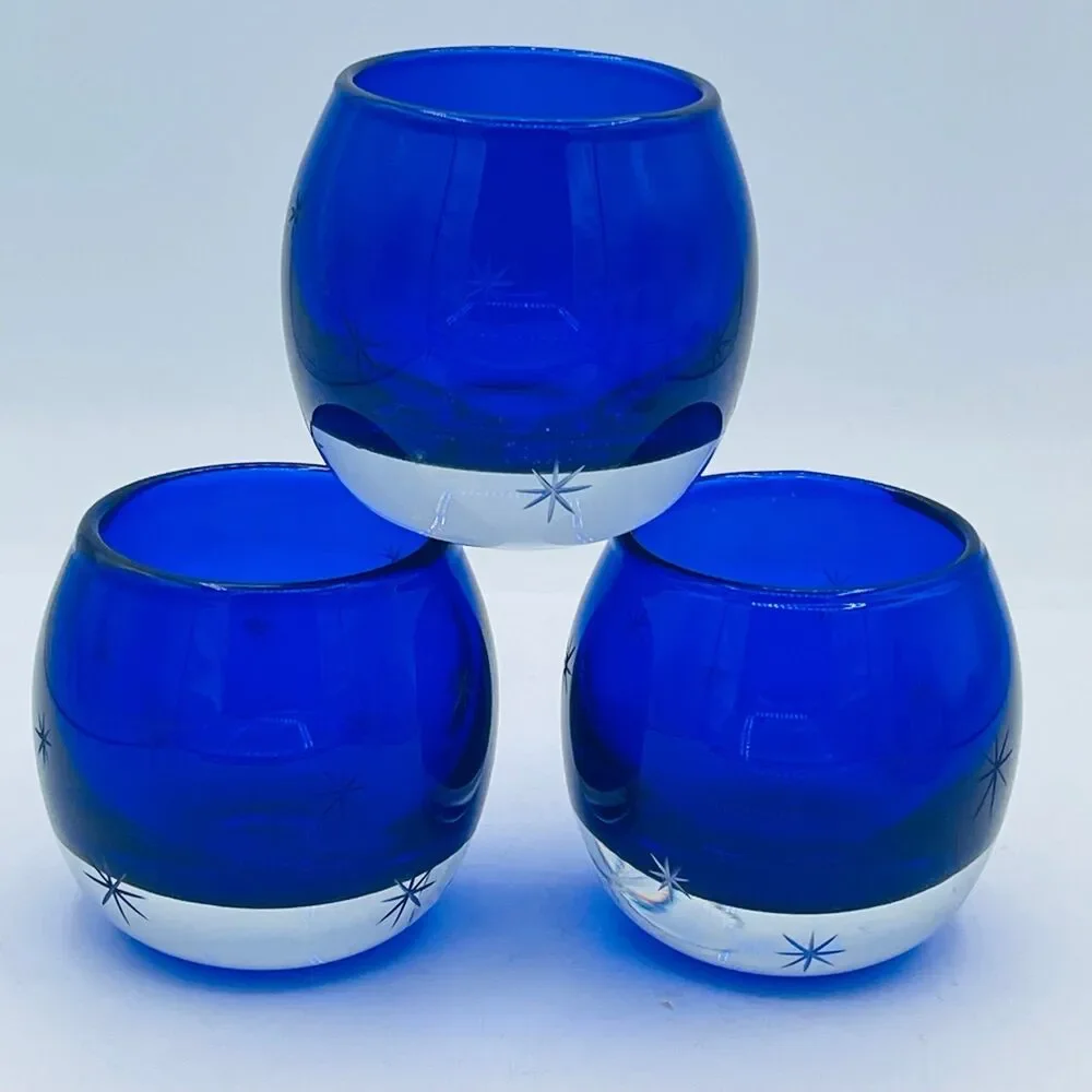 Cobalt Blue Starburst Etched Stars Glittery Glass Votive Candle Holder Poland